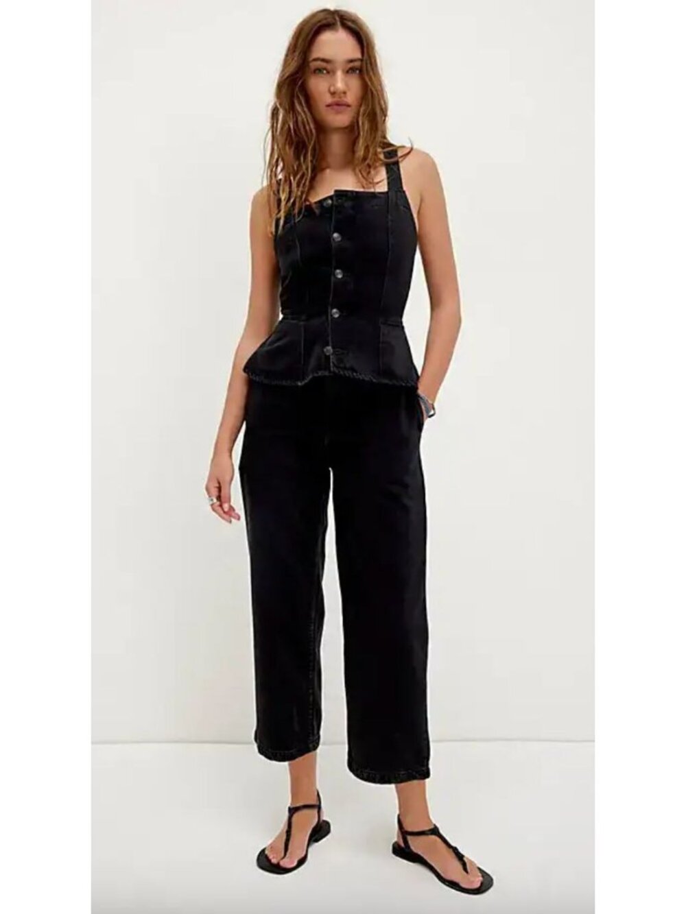 Free People We The Free Hazel Black Denim Jumpsuit Size XS